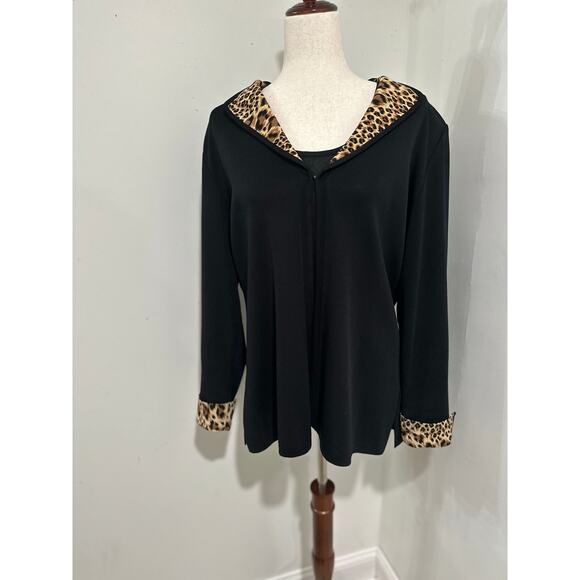 Exclusively Misook Animal Print Trim Long Cardigan Knit Sweater Black Brown L - Picture 1 of 11